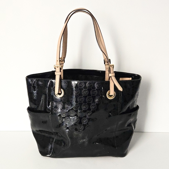 Michael Kors Black Patent Leather Jet Set Signature Logo Tote Handbag with COA - Picture 2 of 8